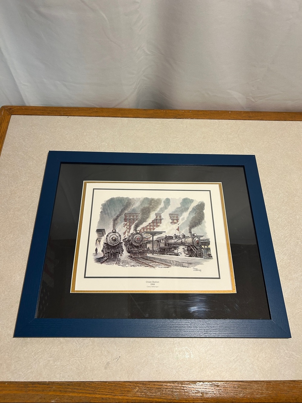 Casey Holtzinger Union Station 1944 Signed Framed WWII Steam Railroad Art